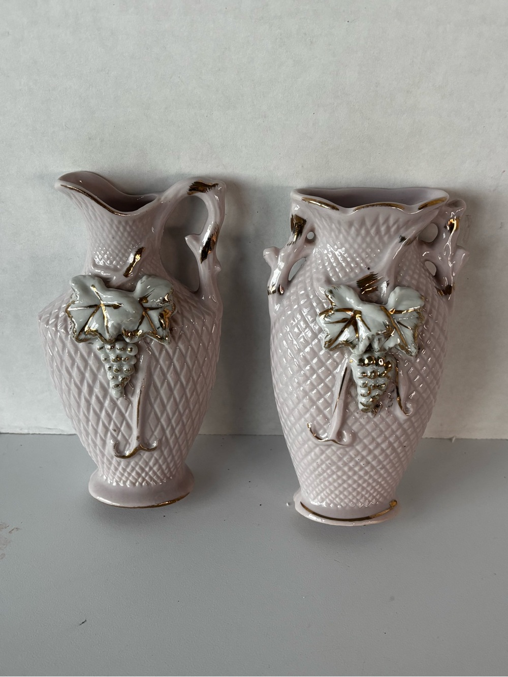 Two Vintage Pink Lusterware Bud Vases/Wall Deco Gold Trim Applied Grape Leaf